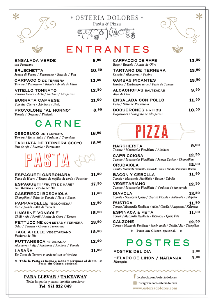 Menu Card italian Restaurant in Porto Cristo